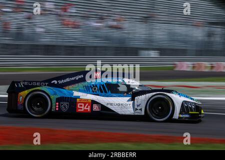 Monza, Italy. 08th July, 2023. #94 Peugeot Totalenergies - Peugeot 9X8 Hybrid of Loic Duval (FRA) in action during the WEC FIA World Endurance Championship 6 Hours of Monza 2023 at Autodromo Nazionale Monza. Credit: SOPA Images Limited/Alamy Live News Stock Photo