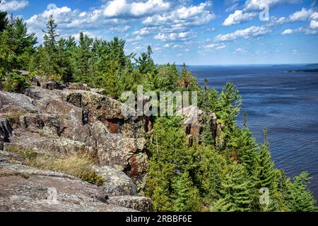 Dramatic rock escarpment along Devil's Rock Trail in Cobalt, Temiskaming Shores, Ontario, Canada Stock Photo