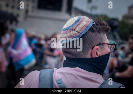 London, UK. 8th July 2023. Trans Pride rights activists and supporters gather in Trafalgar Square for a fifth year protesting against transphobia and archaic legislation. Credit: Guy Corbishley/Alamy Live News Stock Photo