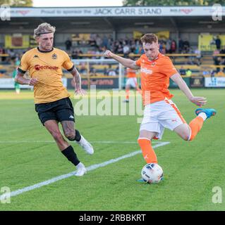 Southport, Merseyside, England, 7th July 2023. Blackpool's Sonny Carey crosses the ball, during Southport Football Club V Blackpool Football Club at Haig Avenue, in a pre season friendly. (Credit Image: ©Cody Froggatt/Alamy Live News) Stock Photo