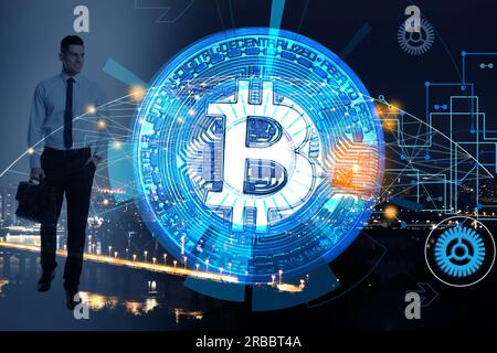Multiple exposure of bitcoin, businessman, chart and night cityscape Stock Photo