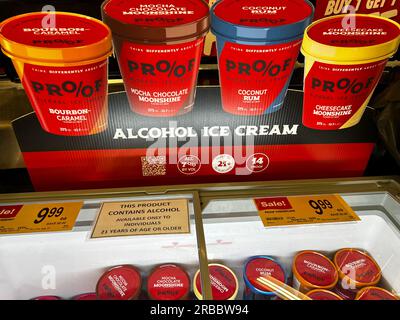 Freezer display with Proof Alcohol Ice Cream in a supermarket Stock Photo