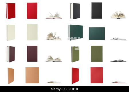 Collage with hardcover books on white background, different sides Stock Photo