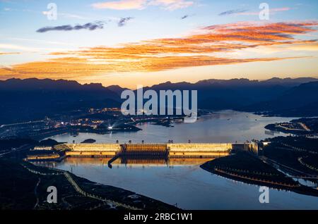 YICHANG, CHINA - JULY 4, 2023 - The Three Gorges Dam at night after rain in Yichang city, Hubei province, China, July 4, 2023. Stock Photo