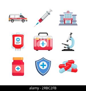 Medical and healthcare element vector illustration in flat style. Medical icon set Stock Vector
