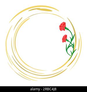 Red carnations cover circle golden frame. Watercolor illustration for Mother's Day, Victory Day, and greeting cards. Copy space. Vector illustration. Stock Vector