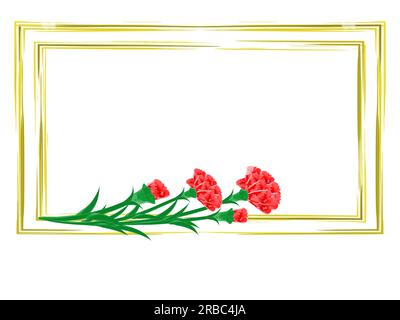 Red carnations cover rectangle golden frame. Watercolor illustration for Mother's Day, Victory Day, and greeting cards. Copy space. Vector illustratio Stock Vector