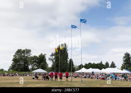 Mount Vernon, Washington, USA. 8th July, 2023. Athletes compete in the weight for height event at the Skagit Valley Highland Games. Credit: Paul Christian Gordon/Alamy Live News Stock Photo
