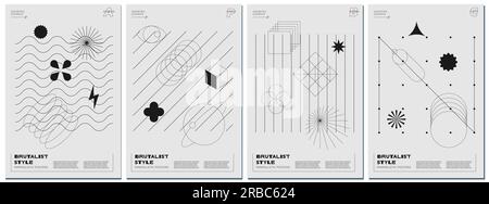 Trendy abstract brutalism poster set with black geometric shapes on monochrome background. Modern brutalist style minimal prints design with simple graphic elements. Brutal y2k print vector templates Stock Vector