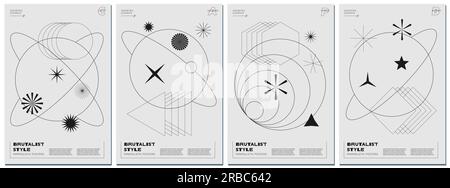 Abstract brutalism poster set with black geometric linear planets and shapes on monochrome space background. Modern brutalist style minimal simple graphic prints. Brutal trendy y2k design eps template Stock Vector