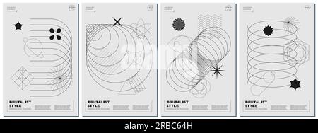 Abstract brutalism poster set with black geometric shapes on monochrome background. Modern brutalist style minimal simple graphic prints. Brutal trendy y2k placard design template. Vector eps template Stock Vector