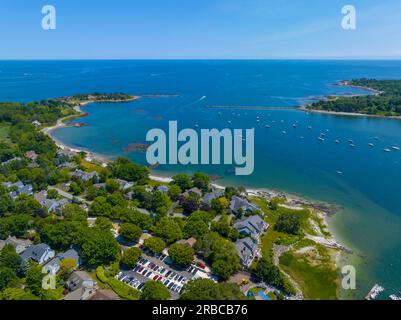 Piscataqua River mouth to Atlantic Ocean aerial view with Fort Stark State Historic Site on the left in New Castle and Odiorne Point State Park on the Stock Photo