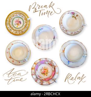 Set of various tea cups. Top view. Different ornaments. Flowers, colors . White background. Clipping path. Stock Photo