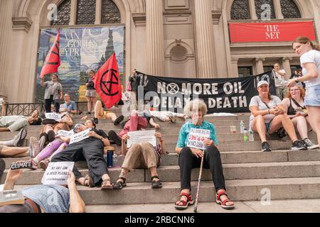 New York, United States. 08th July, 2023. Activists from the Extinction Rebellion staged a solidarity protest at the Metropolitan Museum of Art in New York to drop charges against Joanna Smith and Tim Martin. Joanna Smith and Tim Martin during an act of civil disobedience at National Gallery of Art in Washington, DC left their handprints on the protective glass of Degas sculpture. (Photo by Lev Radin/Pacific Press) Credit: Pacific Press Media Production Corp./Alamy Live News Stock Photo