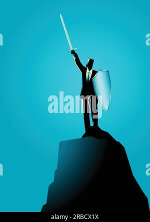 Business concept vector illustration of a businessman raising a sword and shield on top of rock, victory, protection, leadership in business concept Stock Vector