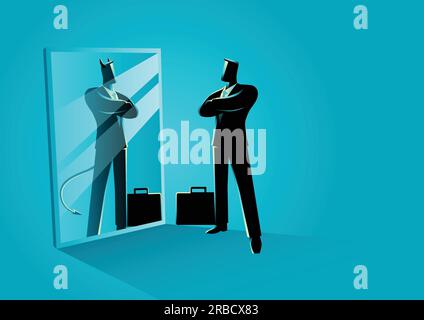 Business concept vector illustration of a businessman standing in front of a mirror, reflecting a devil. Double personality concept Stock Vector
