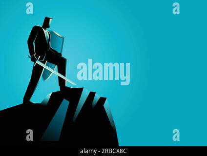 Business concept vector illustration of an optimistic businessman holding a sword and shield standing on top of a mountain,  preparation, protection, Stock Vector