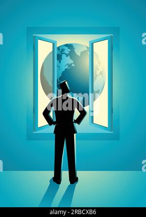 Business concept vector illustration of businessman looking through window with world view Stock Vector