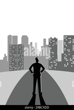Business concept vector illustration of a man standing on the street looking at the skyscrapers Stock Vector