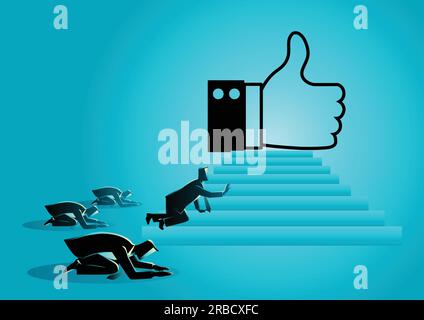 Concept vector illustration of people worshiping thumb up icon. Social media concept, people obsessed with "like" icon, getting more Likes is a critic Stock Vector