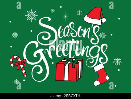Seasons Greetings text with Christmas decoration isolated on green Stock Vector
