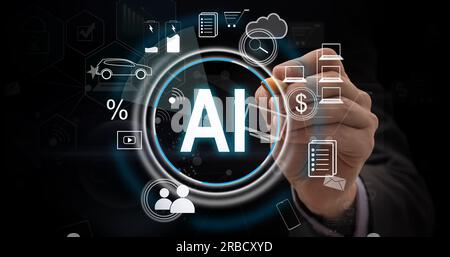 AI concept with a man on blurred city background Stock Photo
