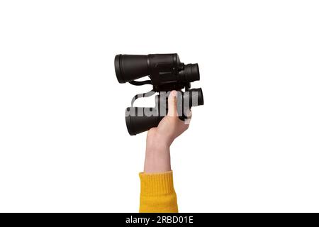 binoculars in hand isolated on white background, search concept. Stock Photo