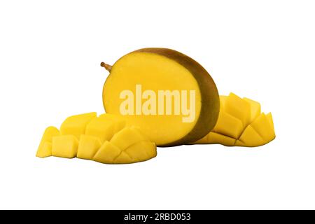 mango fruit with mango sliced cubes isolated on white background Stock Photo
