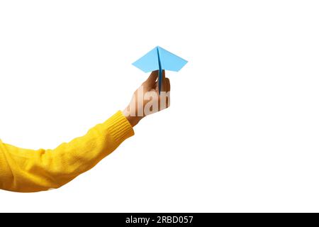 hand holding paper plane isolated on white background Stock Photo