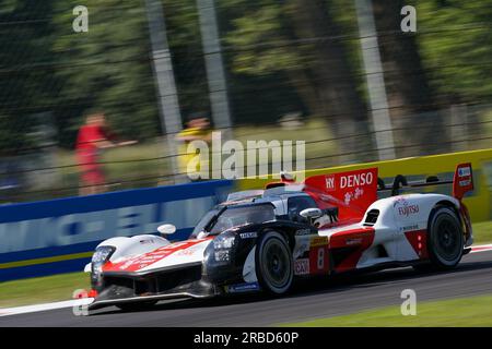 Monza, Italy. 7th July 2023. The #8 TOYOTA GAZOO RACING (JPN), Toyota GR010 - Hybrid, Sebastien Buemi (CHE), Brendon Hartley (NZL), Ryo Hirakawa (JPN) during the free practice of FIA WEC - 6 hours of Monza - World Endurance Championship at Autodromo di Monza on July 7th, 2023 in Monza, Italy. Credit: Luca Rossini/E-Mage/Alamy Live News Stock Photo