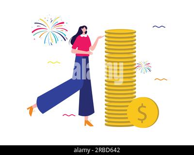 stack of gold dollar coin currency finance economy wealth success income profit and happy girl cute smile expression Stock Vector