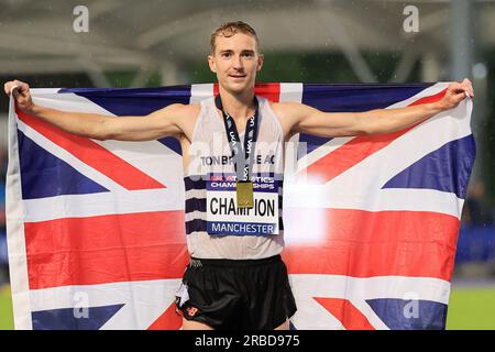Manchester, UK. 08th July, 2023. James West celebrates winning gold in the men's 5000m during the UK Athletics Championships at Manchester Regional Arena, Manchester, United Kingdom, 8th July 2023 (Photo by Conor Molloy/News Images) in Manchester, United Kingdom on 7/8/2023. (Photo by Conor Molloy/News Images/Sipa USA) Credit: Sipa USA/Alamy Live News Stock Photo