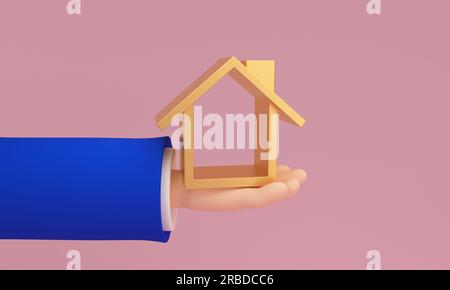 Cartoon human hand and icon house on pink background.Mortgage loan. 3d rendering. Stock Photo