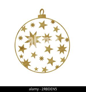 Hand-drawn watercolor christmas tree ball. Lacy toy with golden stars to decorate. Two options - on white and transparent background Stock Photo