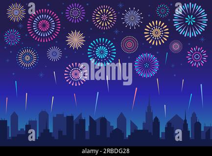 Night city fireworks. Holiday feast celebration firework, celebrated festive firecracker over town new year, carnival or independence day celebrate si Stock Vector