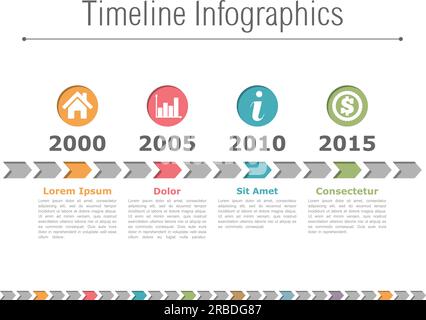 Timeline infographics design with colored arrows and icons in circles, vector eps10 illustration Stock Vector