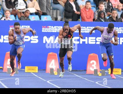 Manchester Regional Arena, Manchester, UK.  National UK Athletics Championships 2023.  Caption: Start of the Mens 100m Semi Final.  Picture: Mark Dunn/Alamy Live News (Sport) Credit: Mark Dunn Photography/Alamy Live News Stock Photo