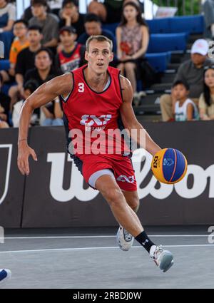 Hong Kong, Hong Kong, China. 9th July, 2023. FIBA 3x3 Masters Basketball Macau Beijing China vs Raudondvaris Hoptrans Lithuania. Nauris Miezis of Beijing in action (Credit Image: © Jayne Russell/ZUMA Press Wire) EDITORIAL USAGE ONLY! Not for Commercial USAGE! Stock Photo