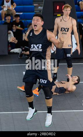 Hong Kong, Hong Kong, China. 9th July, 2023. FIBA 3x3 Masters Basketball Macau Miami USA vs Ulaanbaatar MMC Energy Mongolia. Mongolias Otgonjargal Tsogt celebrates beating Miami (Credit Image: © Jayne Russell/ZUMA Press Wire) EDITORIAL USAGE ONLY! Not for Commercial USAGE! Stock Photo