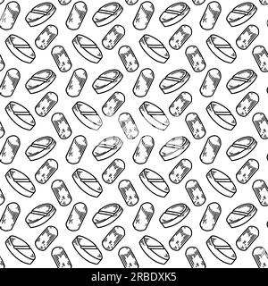 Pills seamless pattern. Hand drawn vector background in doodle sketch style. Pharmacy medical design Stock Vector
