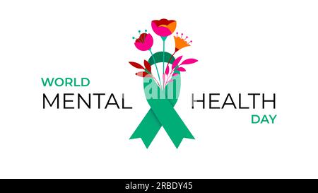 World Mental Health day, concept design with green ribbon and flowers Stock Vector