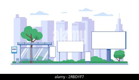 Urban advertising. White blank billboards and banners. City landscape. Downtown buildings and road signboard. Town marketing boards. Outdoor signage Stock Vector
