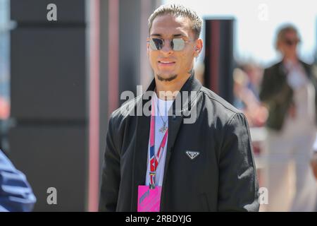 Silverstone, UK. 09th July, 2023.Antony arrives Manchester United during the FORMULA 1 ARAMCO BRITISH GRAND PRIX 2023 at the Silverstone Circuit, Silverstone, United Kingdom on 9 July 2023 Credit: Every Second Media/Alamy Live News Stock Photo