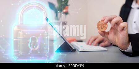 protection concept, blockchain and cybersecurity . Bitcoin protected investment Stock Photo