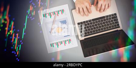 Businessman analyze sales data and graph economic growth Stock Photo