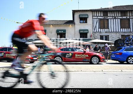 Puy De Dome, France. 09th July, 2023. Illustration picture shows spectators pictured at the start of stage 9 of the Tour de France cycling race, a 182, 4 km race from Saint-Leonard-de-Noblat to Puy de Dome, France, Sunday 09 July 2023. This year's Tour de France takes place from 01 to 23 July 2023. BELGA PHOTO JASPER JACOBS Credit: Belga News Agency/Alamy Live News Stock Photo