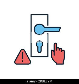 Do not touch door handle related vector icon. Doorknob, hand and exclamation mark in triangle. Do not touch door sign. Isolated on white background. E Stock Vector