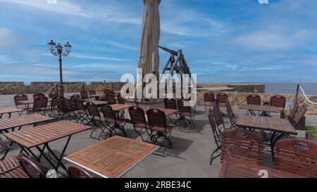 view of the promenade of the historic Catalan ramparts of Alghero Stock Photo