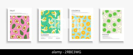 Set of colorful summer posters, templates, backgrounds placards, brochures, banners, flyers and etc. Bright fruits covers. Vibrant tropical prints Stock Vector