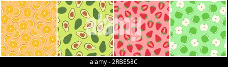 Set of bright seamless fruits patterns - hand drawn design. Repeatable summer backgrounds. Vibrant endless prints. Vector illustrations Stock Vector